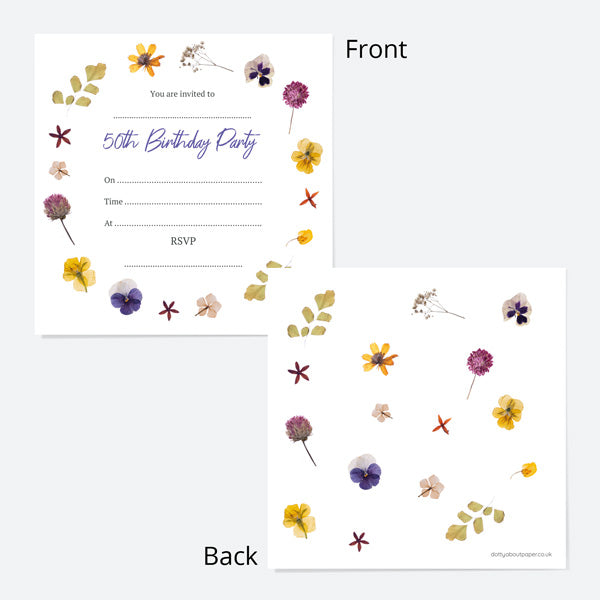 50th Birthday Invitations - Pressed Flowers - Pack of 10