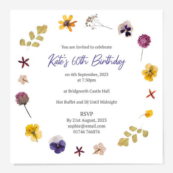 60th Birthday Invitations - Pressed Flowers - Pack of 10