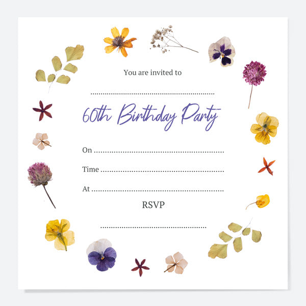 60th Birthday Invitations - Pressed Flowers - Pack of 10