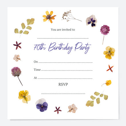 70th Birthday Invitations - Pressed Flowers - Pack of 10