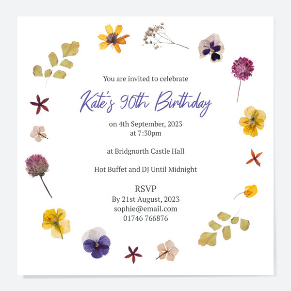 90th Birthday Invitations - Pressed Flowers - Pack of 10