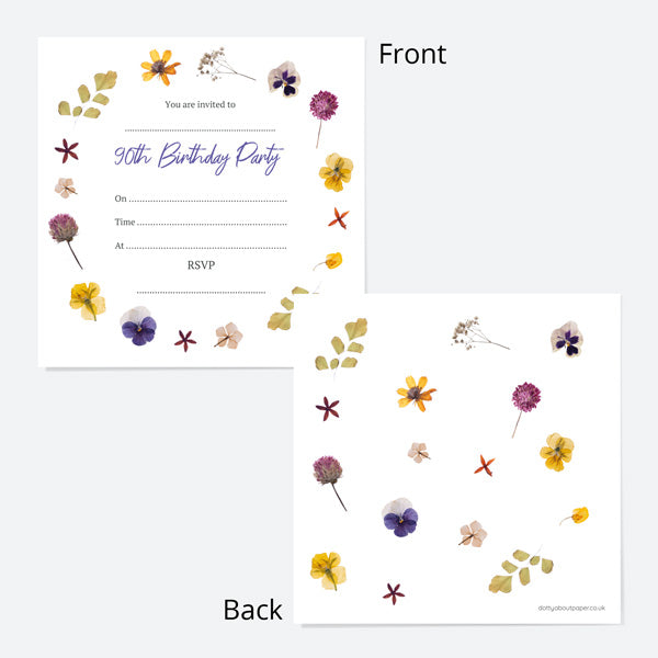 90th Birthday Invitations - Pressed Flowers - Pack of 10