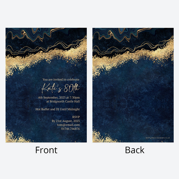 80th Birthday Invitations - Blue Agate - Pack of 10