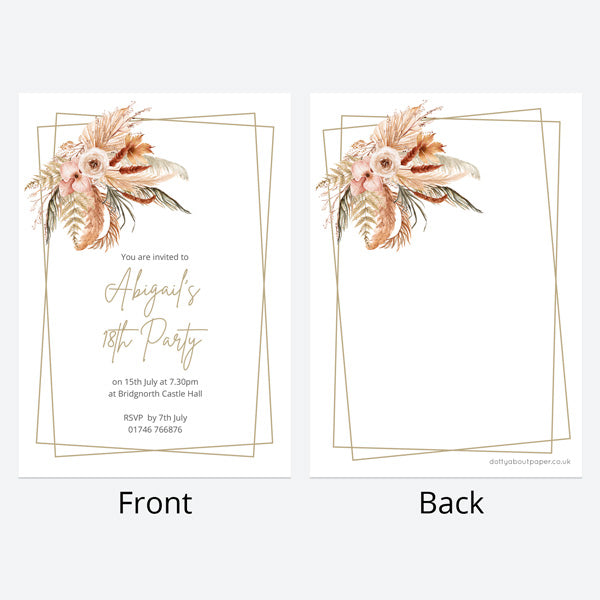 18th Birthday Invitations - Boho Pampas - Pack of 10