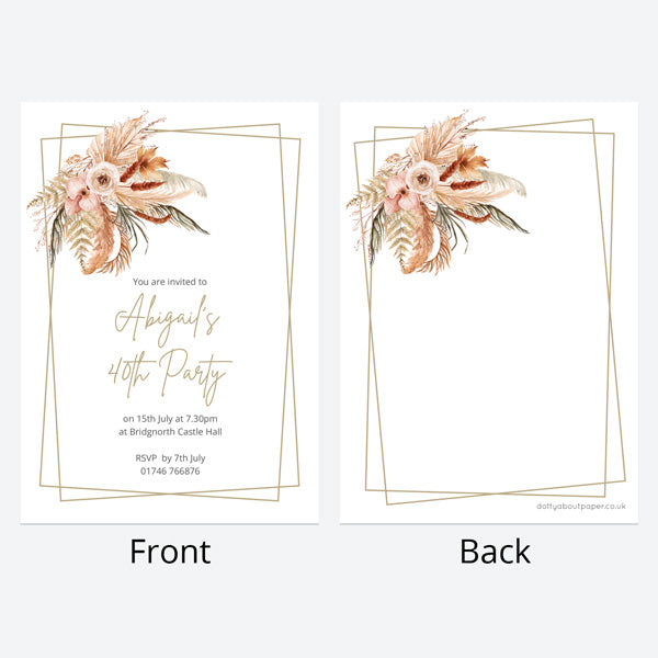 40th Birthday Invitations - Boho Pampas - Pack of 10