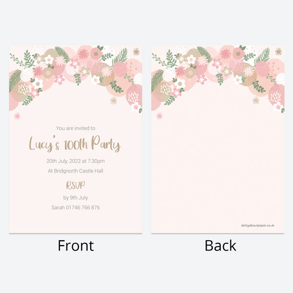 100th Birthday Invitations - Botanical Balloon Arch - Pack of 10