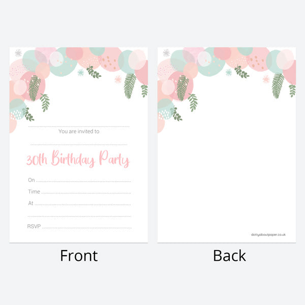 30th Birthday Invitations - Botanical Balloon Arch - Pack of 10