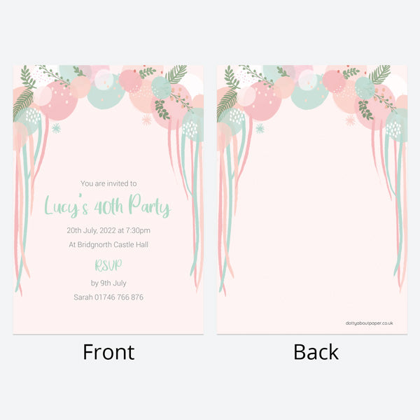 40th Birthday Invitations - Botanical Balloon Arch - Pack of 10
