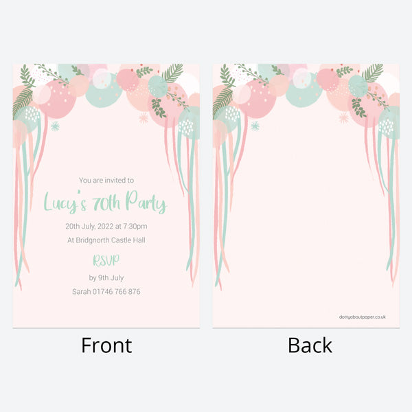 70th Birthday Invitations - Botanical Balloon Arch - Pack of 10