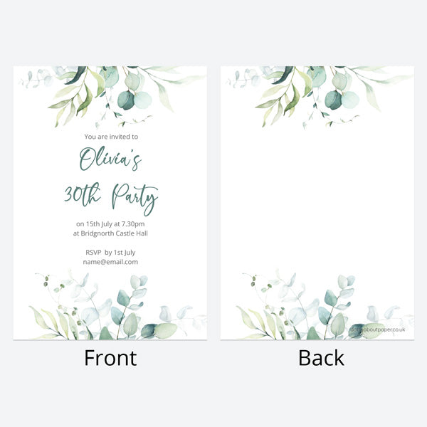 30th Birthday Invitations - Eucalyptus Bouquet - Pack of 10