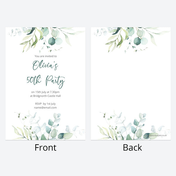 50th Birthday Invitations - Eucalyptus Bouquet - Pack of 10