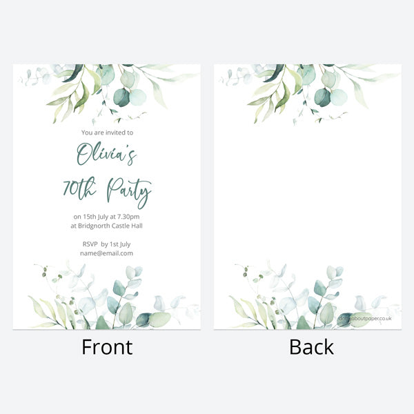 70th Birthday Invitations - Eucalyptus Bouquet - Pack of 10