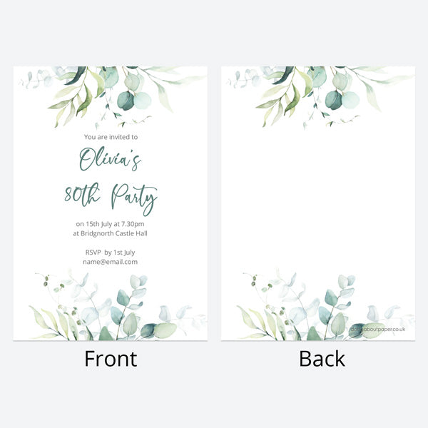 80th Birthday Invitations - Eucalyptus Bouquet - Pack of 10