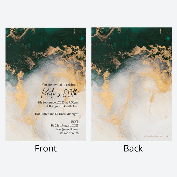 80th Birthday Invitations - Green Agate - Pack of 10