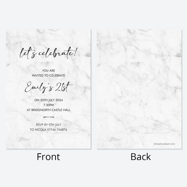 21st Birthday Invitations - Grey Marble - Pack of 10