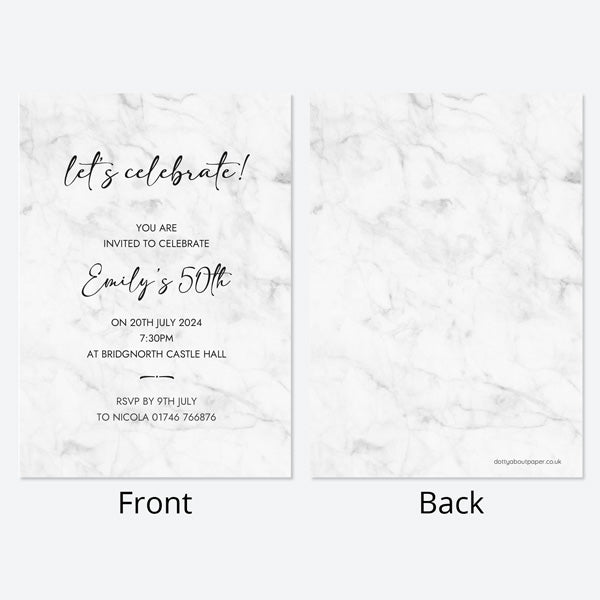 50th Birthday Invitations - Grey Marble - Pack of 10