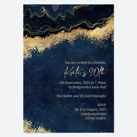 90th Birthday Invitations - Blue Agate - Pack of 10