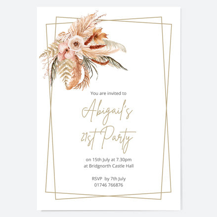 21st Birthday Invitations - Boho Pampas - Pack of 10