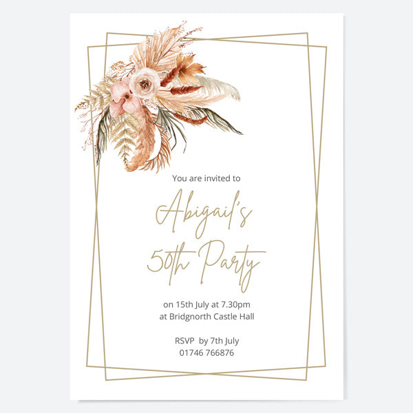 50th Birthday Invitations - Boho Pampas - Pack of 10