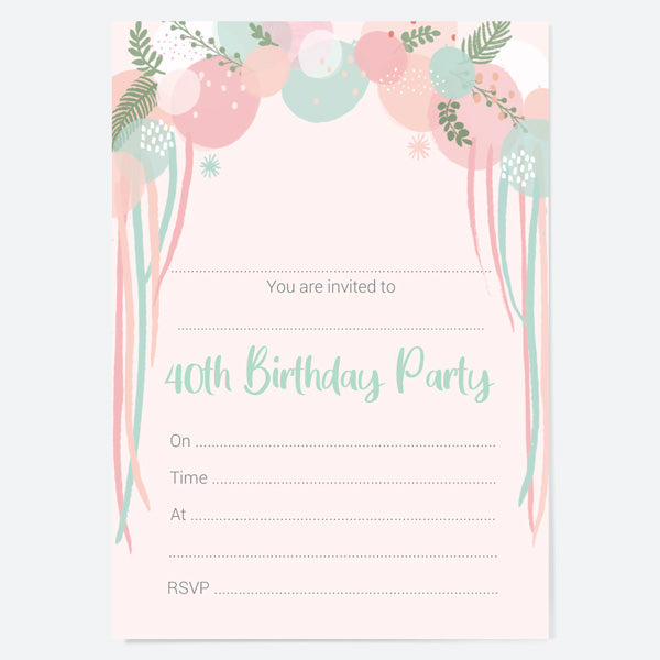 40th Birthday Invitations - Botanical Balloon Arch - Pack of 10