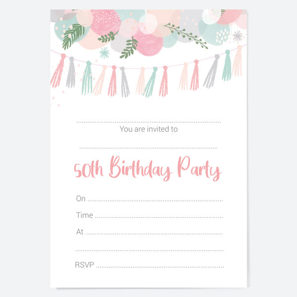 50th Birthday Invitations - Botanical Balloon Arch - Pack of 10