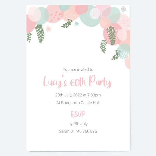 60th Birthday Invitations - Botanical Balloon Arch - Pack of 10