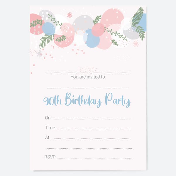 90th Birthday Invitations - Botanical Balloon Arch - Pack of 10