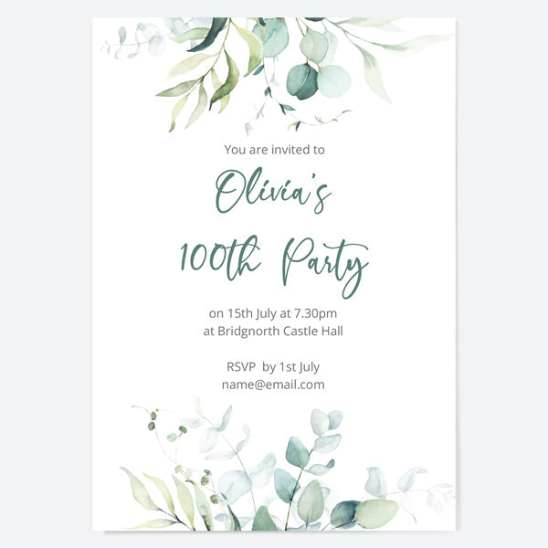 100th Birthday Invitations - Eucalyptus Bouquet - Pack of 10