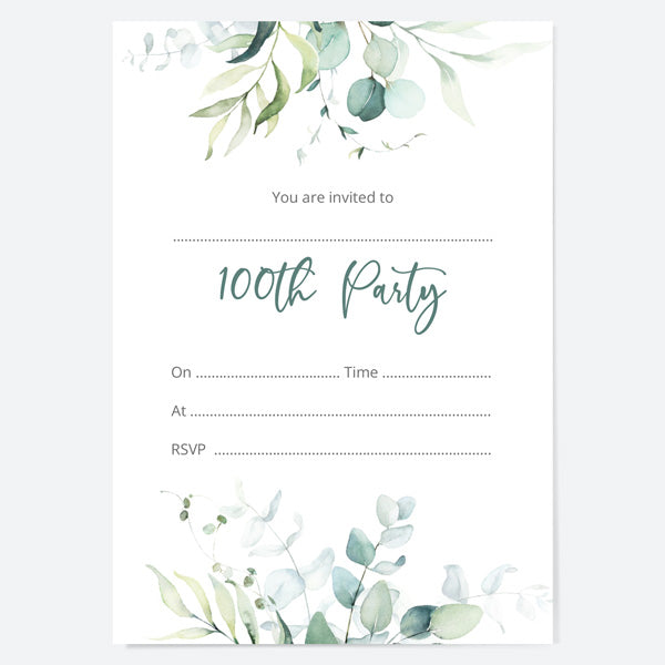 100th Birthday Invitations - Eucalyptus Bouquet - Pack of 10