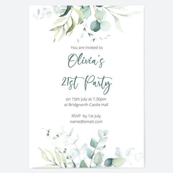 21st Birthday Invitations - Eucalyptus Bouquet - Pack of 10