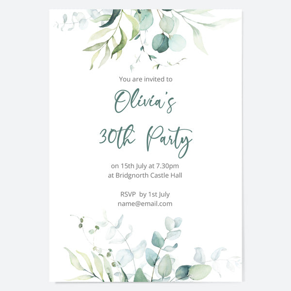 30th Birthday Invitations - Eucalyptus Bouquet - Pack of 10