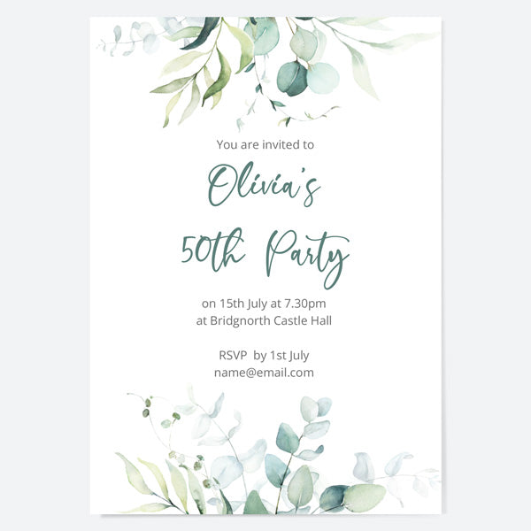 50th Birthday Invitations - Eucalyptus Bouquet - Pack of 10