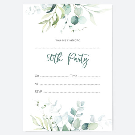 50th Birthday Invitations - Eucalyptus Bouquet - Pack of 10