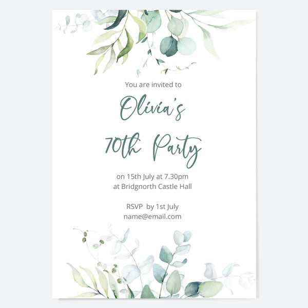 70th Birthday Invitations - Eucalyptus Bouquet - Pack of 10