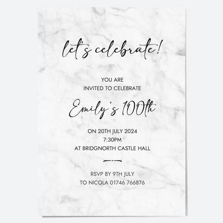 100th Birthday Invitations - Grey Marble - Pack of 10