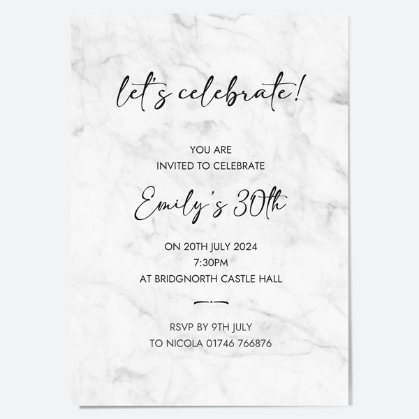 30th Birthday Invitations - Grey Marble - Pack of 10