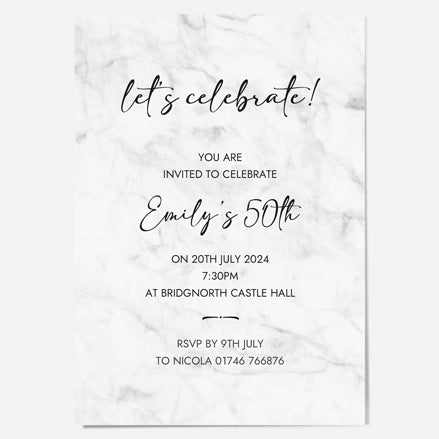 50th Birthday Invitations - Grey Marble - Pack of 10