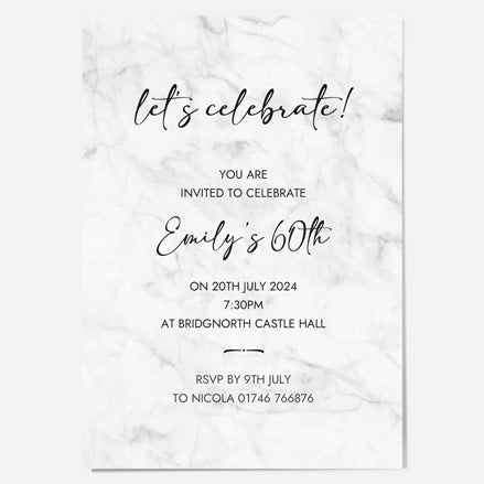 60th Birthday Invitations - Grey Marble - Pack of 10
