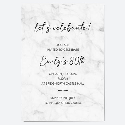 80th Birthday Invitations - Grey Marble - Pack of 10