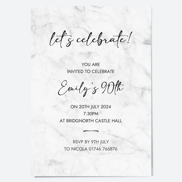 90th Birthday Invitations - Grey Marble - Pack of 10
