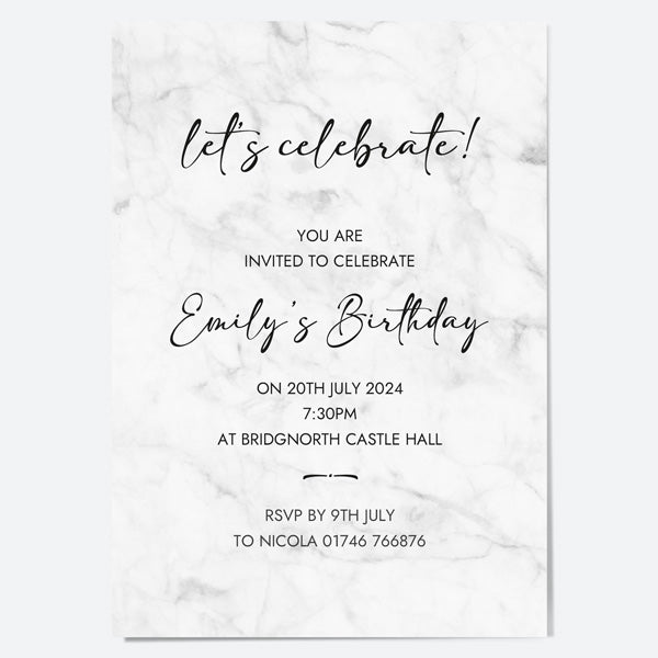 Birthday Invitations - Grey Marble - Pack of 10