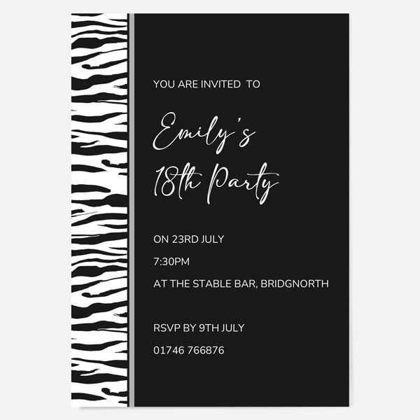 18th Birthday Invitations - Zebra Print Border - Pack of 10