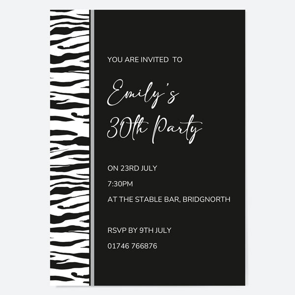 30th Birthday Invitations - Zebra Print Border - Pack of 10