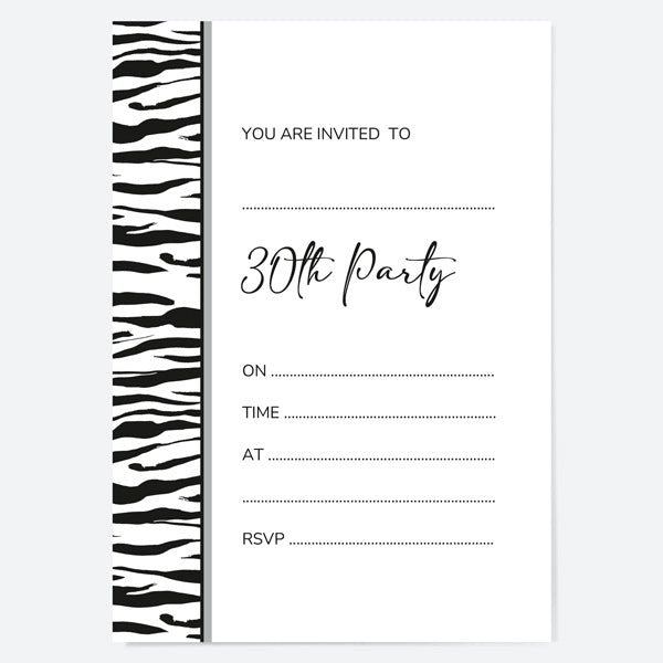 30th Birthday Invitations - Zebra Print Border - Pack of 10 - Fast Delivery at Dotty About Paper 30th-birthday-invitations-zebra-print-border-pack-of-10-fast-delivery-at-dotty-about-paper