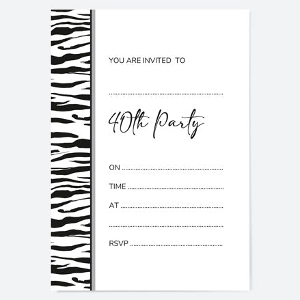 40th Birthday Invitations - Zebra Print Border - Pack of 10