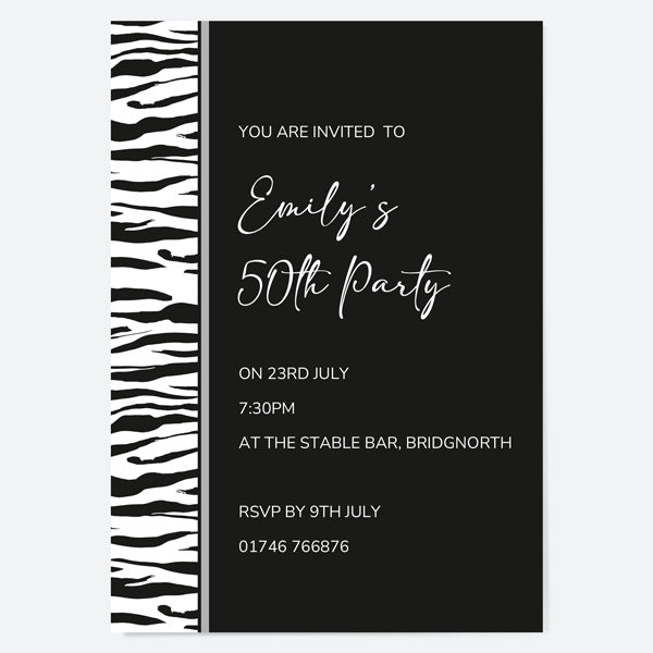 50th Birthday Invitations - Zebra Print Border - Pack of 10