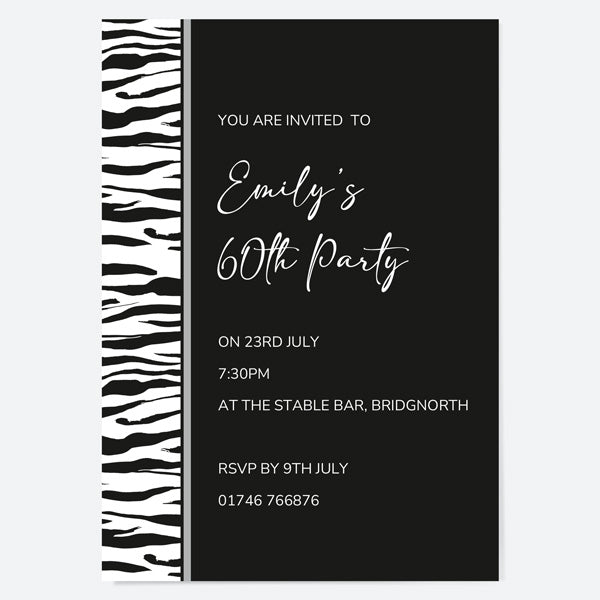 60th Birthday Invitations - Zebra Print Border - Pack of 10