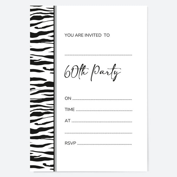 60th Birthday Invitations - Zebra Print Border - Pack of 10