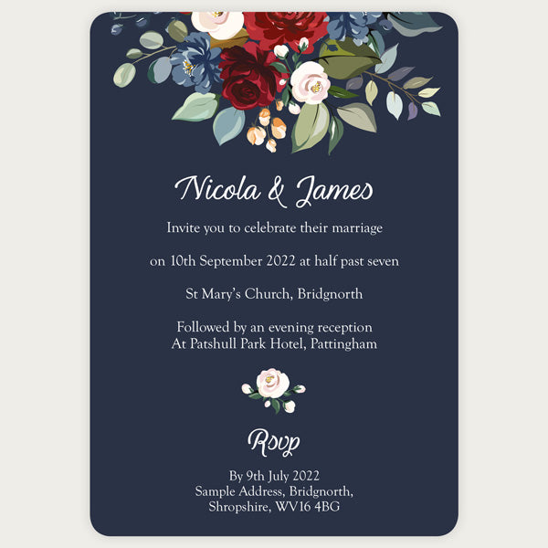 Navy Jewel Flowers Wedding Invitation
