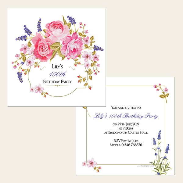 100th Birthday Invitations - Rose & Lavender Border - Pack of 10